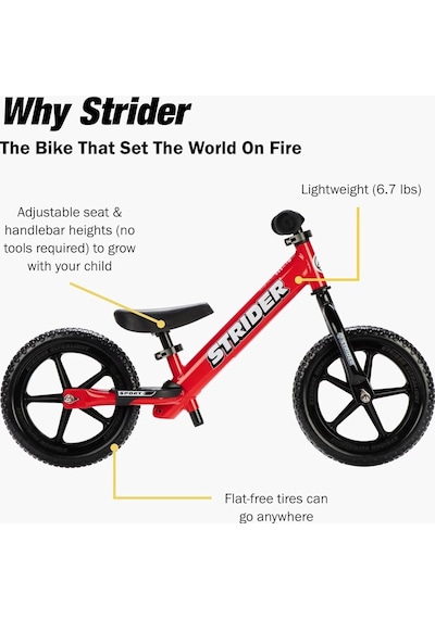Strider 12 Spor Bisikleti, Kırmızı - 1 İla 4 Yaş Arası Çocuklar İçin Pedalsız Denge Bisikleti - Emniyet Pedi, Do Çok Renkli