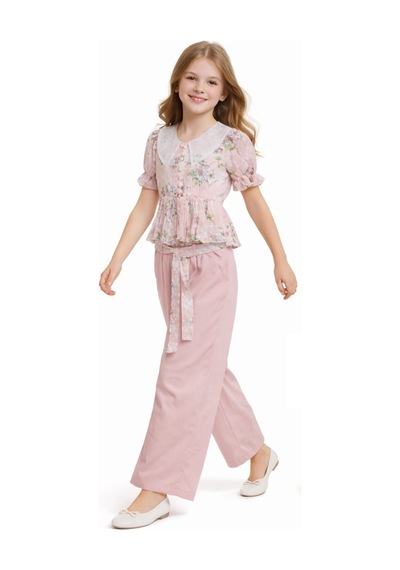 İrem Çocuk Giyim Kız Çocuk Çiçek Desenli Güpürlü Gömlek Geniş Paça Pantolonlu Pudra Renk İkili Takım Pudra İrem Çocuk Giyim Kız Çocuk Çiçek Desenli Güpürlü Gömlek Geniş Paça Pantolonlu Pudra Renk İkili Takım Pudra