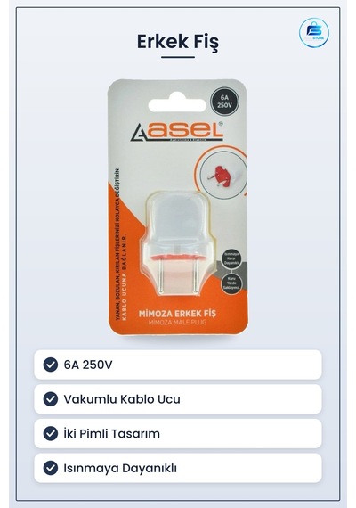 Vakumlu Erkek Fiş Mimoza 6a 250v Kablo Ucu Elektrik Bağlantısı Ev