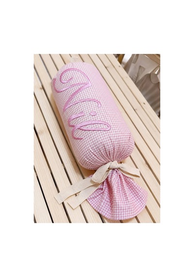 Kişiye Özel İsim Nakışlı Pembe Pötikare Şeker Yastık 15 X 30 Cm