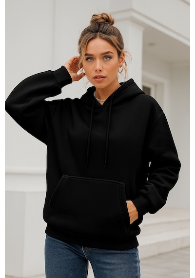 Kadın Siyah Kanguru Cepli Kapüşonlu Scuba Sweatshirt Siyah