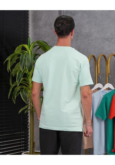 Modefendi Pamuk Likra Yırtmaç Detaylı 2 İplik Oversize Tshirt Su Yeşili