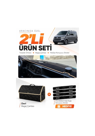 Volkswagen Transporter T7 2021-2024 Uyumlu Torpido Örtüsü + Deri Bagaj Çantası Seti - Siyah Bej