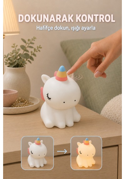 Unipo - Unicorn Figürlü Şarjlı Silikon Gece Lambası 3 Kademe Dokunmatik Usb-c Çok Renkli Çok Renkli