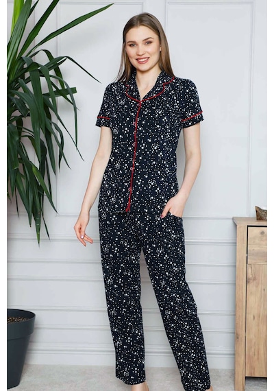Alimer Kadın Lacivert Yıldız Desenli Kısa Kol Pijama Tkm 2536kk-l Lacivert