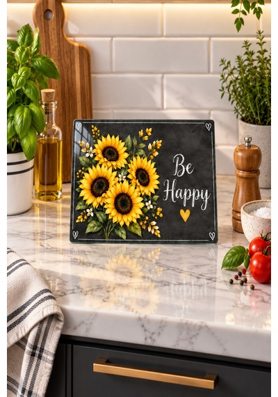 Gökçeoğlu Cam Kesme Tahtası Sarı Ayçiçekli Siyah Zeminli Be Happy Temalı - Cam Kesme Tablası 20cm X 30cm Çok Renkli
