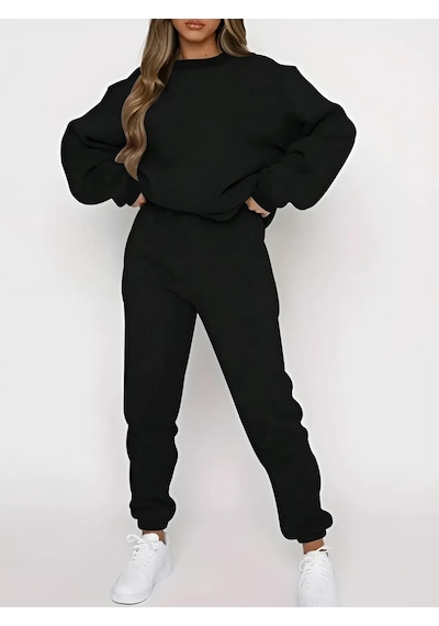 Düz Kalın Kışlık Eşofman Takımı - Siyah Sweatshirt Jogger Oversize Sıfır Yaka Siyah