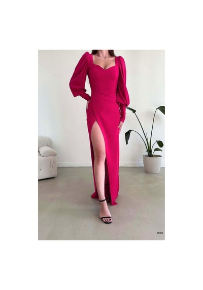 Lior Design Kadın Modern Stil Esnek Krep Kumaş Dik Yaka Yırtmaçlı Abiye Elbise Fuşya