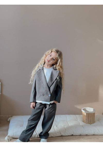 Miniko Kids Kız Çocuk Poliviskon Çizgili Blazer Ceket Pantolon Dokuma Kumaş Takım Füme
