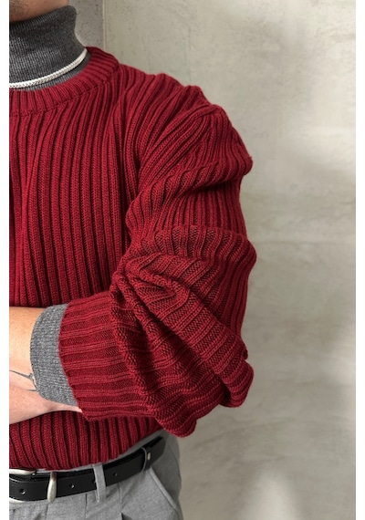 Erkek Fitilli Örme Oversize Kazak Bordo