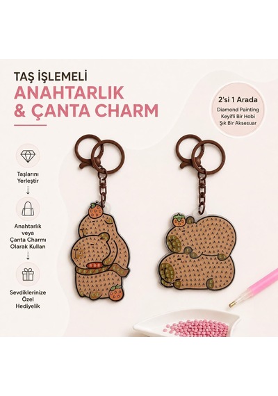 5d Elmas Taş İşlemeli Anahtarlık & Çanta Charmı 2'li Set 5x6 Cm Diamond Painting Keychain & Bag Charm Bkbt17865