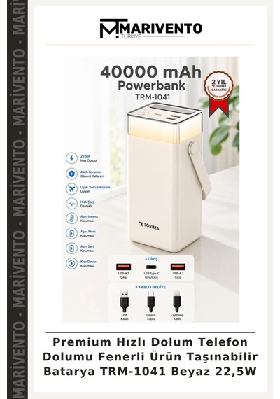 Premium Hızlı Dolum Telefon Dolumu Fenerli Ürün Taşınabilir Batarya Trm-1041 Beyaz 22,5w Çok Renkli