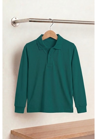 Nacar Store Unisex Çocuk Uzun Kollu Polo Yaka Lakost Okul Tişörtü Zümrüt Yeşil