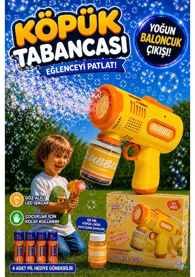Pilli Işıklı Köpük Tabancası Baloncuk Tabancası Piller ve Baloncuk Likidi Hediyeli