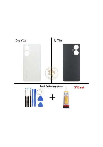 Tecno Camon 19 Beyaz Uyumlu Arka Kapak + Yapıştırıcı Ve Vida Seti Arka Cam Batarya Pil Kapağı Diğer