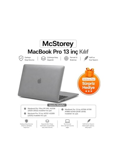 Macbook Pro 13 Kristal Şeffaf Kılıf A1706 A1708 A1989 A2159 A2251 A2289 A2338 M1 M2 Uyumlu Parmak İzi Bırakmaz İnce Hafif Sert Kapak Gri