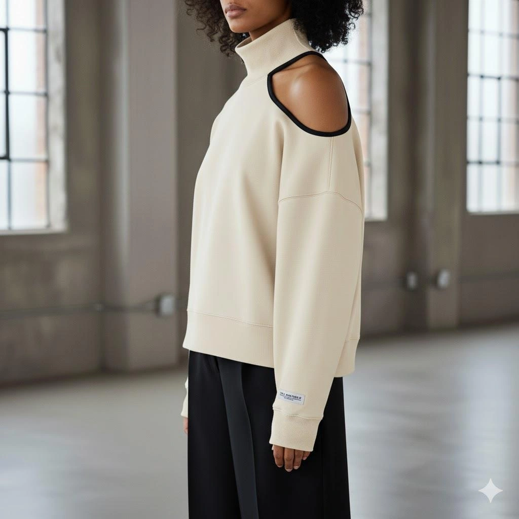 Afri Modern Açık Omuz Tek Omuz Balıkçı Yaka Kadın Sweatshirt - Krem Rengi Krem Afri Modern Açık Omuz Tek Omuz Balıkçı Yaka Kadın Sweatshirt - Krem Rengi Krem