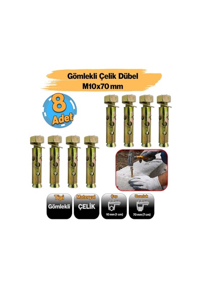 8 Adet Saplamalı Gömlek Çelik Dübel M10x70 Mm Raf Montaj Bağlantı Zemin Monte Tavan Asma Aparat
