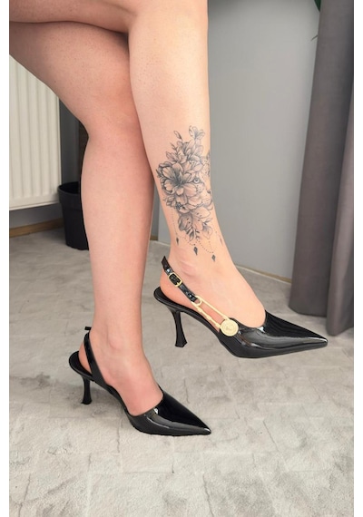 Preshley Kadın Grant Siyah Rugan Düğmeli Tokalı 7 Cm Ince Topuk Ayakkabı Stiletto Siyah