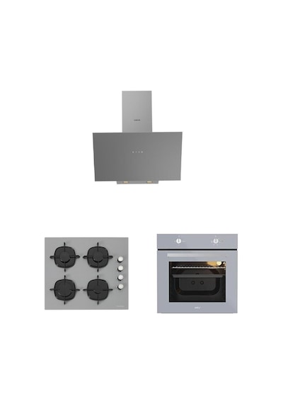 Silverline 3481 Davlumbaz - CS5335S01 Ocak- Esty AEF6601S04 Firin Karma Ankastre Gri Cam Set