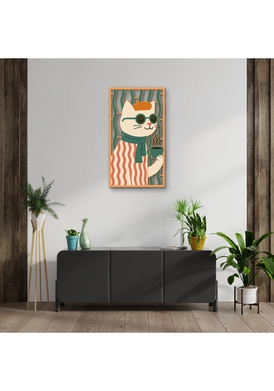 Gözlüklü Kahveci Kedi - Metal Tablo - Dec0329 36 X 65 Cm Çok Renkli