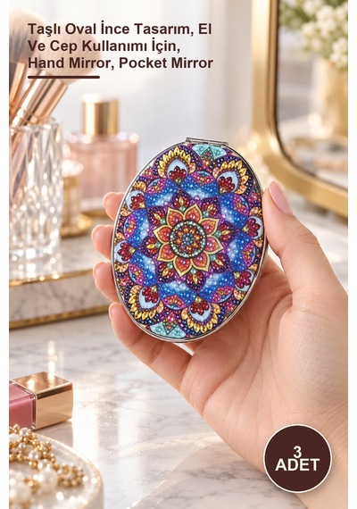 3 Adet El Aynası Taşlı Oval İnce Tasarım, El Ve Cep Kullanımı İçin, Hand Mirror, Pocket Mirror Genel
