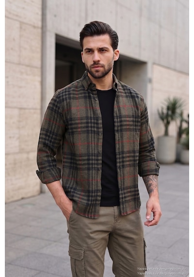 Buratti Ekoseli Uzun Kollu Slim Fit Kışlık Erkek Gömlek Cf21W112844 Haki Buratti Ekoseli Uzun Kollu Slim Fit Kışlık Erkek Gömlek Cf21W112844 Haki
