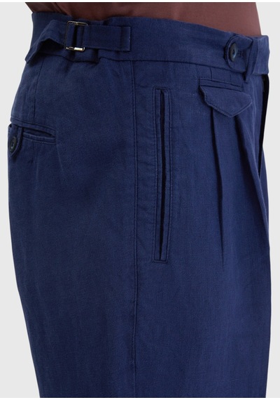 Ramsey İndigo Çizgili Dokuma Carrot Fit Casual %100 Keten Pantolon