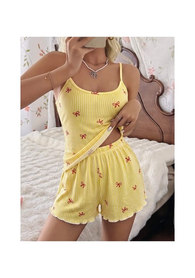 Fantezia Kadın Sarı İnce Askılı Şortlu Pijama Takımı 5270