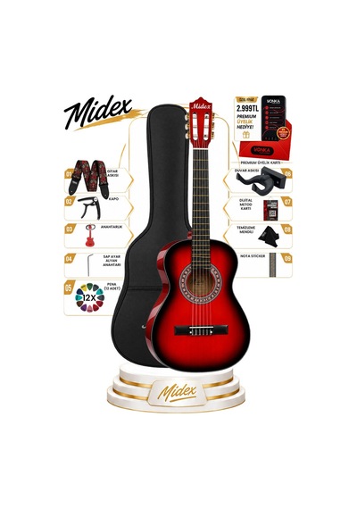 Midex Cg-36rd-pak Kaliteli 36 İnç 3/4 Juniur Çocuk Gitarı 8-12 Yaş Arası Tuner Çanta Capo Askı Nota Sticker Pena Metod