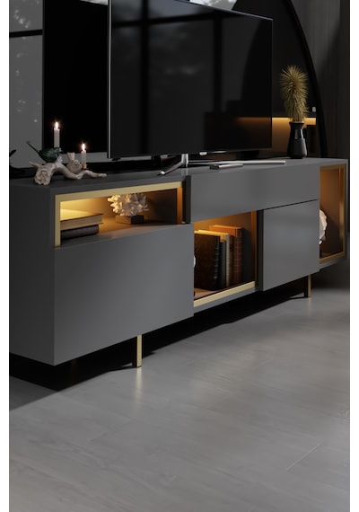 Norm Gold Demir Ayaklı Rgb Led Işık Sistemli Antrasit Tv Ünitesi Tv Sehpası Antrasit - Altın Norm Gold Demir Ayaklı Rgb Led Işık Sistemli Antrasit Tv Ünitesi Tv Sehpası Antrasit - Altın