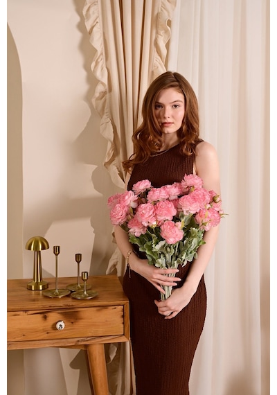 Pembe Yapay Ranunculus Şakayık Çiçeği 3 Dallı Lüx İpeksi Dokulu 50 Cm