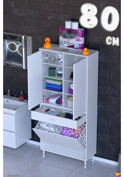 Yeni Afra 80 Cm 2 Gözlü Kirli Çamaşır Sepet, 2 Kapak Ve Çekmeceli 8 Raflı Çok Amaçlı Banyo Dolabı Beyaz Yeni Afra 80 Cm 2 Gözlü Kirli Çamaşır Sepet, 2 Kapak Ve Çekmeceli 8 Raflı Çok Amaçlı Banyo Dolabı Beyaz