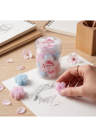 Bakgelal Sakura Çiçeği Tasarımlı Kavanozlu Mini Silgi Seti 26 Adet - Renkli Japon Kiraz Çiçeği Figürlü Kurşun Kalem Silgisi - 9061707701042