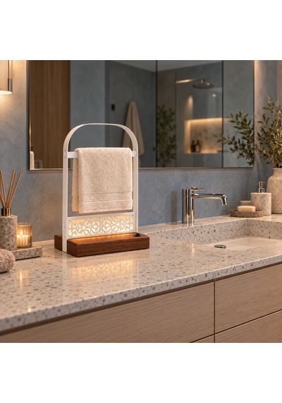 Pilli Led Işıklı El Havluluğu, Ahşap Tabanlı Ayaklı Banyo Havlu Standı Beyaz