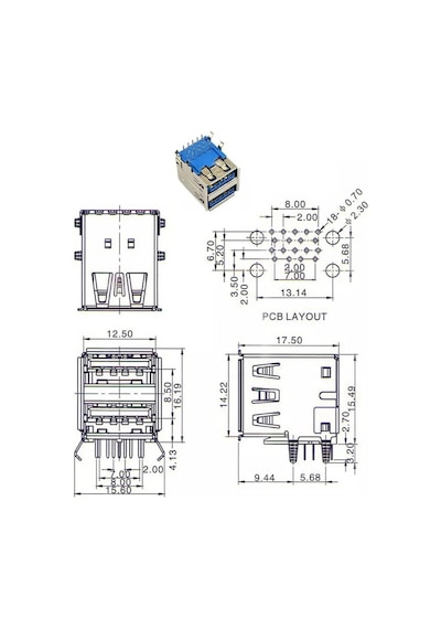 Ic-265e İkili Usb3.0 Konnektör A Tip Şase Dişi 90 Mavi