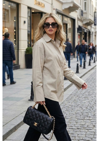 Lela Regular Fit Klasik Yaka Bağlamalı Uzun Kollu Bayan Gömlek 6834987 Bej