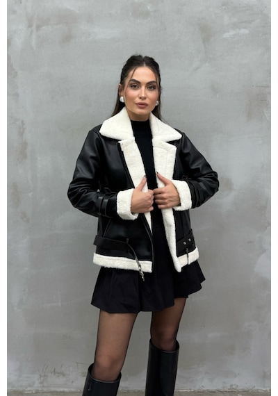 Msm Fashion Kadın İçi Beyaz Kürklü Siyah Kısa Biker Deri Ceket Mont Siyah-beyaz Siyah - Beyaz