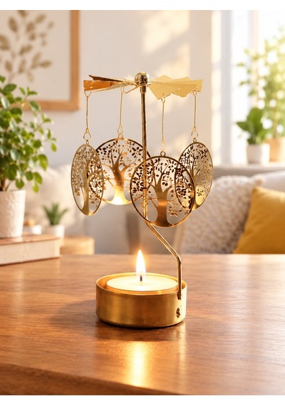 Altın Renk Dönen Hayat Ağacı Figürlü Mumluk Isıyla Dönen Dekoratif Tealight Mumluk