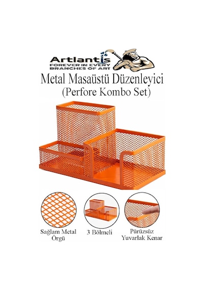 Masaüstü Metal Kalemlik Seti 3 Lü Kombo 1 Paket Fileli Perfore Renkli Kalemlik Kağıtlık Küpnotluk Düzenleyici Turuncu