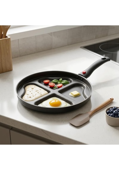 Papilla Redio Romantik 24 Cm Kalpli Pankek Ve Omlet Tavası - 4 Gözlü, Çıkarılabilir Saplı Yanmaz Yapışmaz Bölmeli Tava Çok Renkli