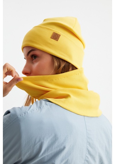 Butikgiz Kadın Balıkçı Style Pamuklu Kaşkorse Terletmez Ultra Hafif Yumuşak Bere Boyunluk Takım Sarı
