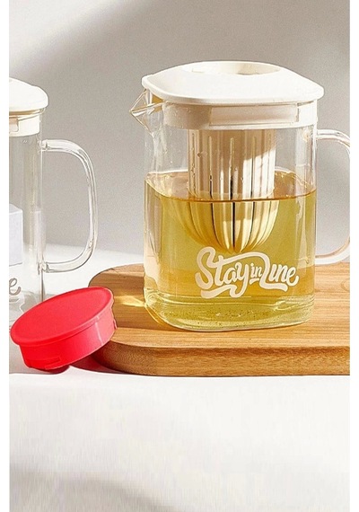Isıya Dayanıklı Borosilikat Çelik Filtreli Bitki Çayı Süzgeçli Cam Demlik & 850 Ml. Kulplu Sürahi Bej