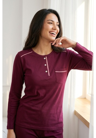 Mataş Kadın Pamuklu Uzun Kollu Üç Düğmeli Biyeli Soft Örme Yumuşak Pijama Takımı Mor