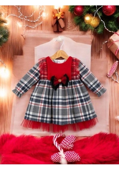 Cantoy Kız Bebek Ekose Desenli Kırmızı Tasarım Elbise-15219 Kırmızı