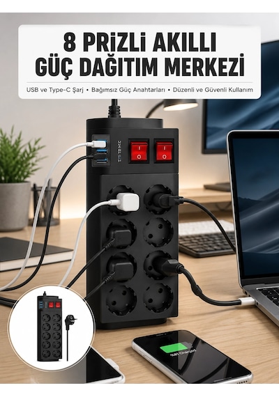 2 Metre Güçlü Çoklu Priz 8 Soket Yeni Nesil