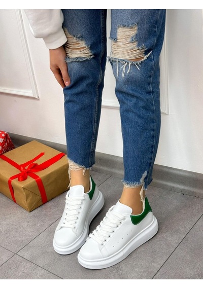 Erva'nın Butiği Beyaz Yeşil Queen Kadın Bağcıklı Sneakers-5024 Beyaz Yeşil Cilt