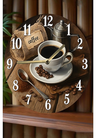 Zamanın Klasik Lezzeti Kahve Temalı Sessiz Yuvarlak Ahşap Duvar Saati, Kuvars Coffe 2d Sdw2012 Renkli