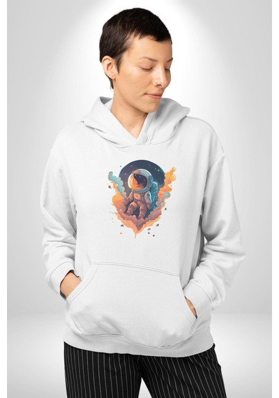 Bulutlar Astronot Uzay Kadın Erkek Beyaz Kapüşonlu Sweatshirt Hoodie Beyaz