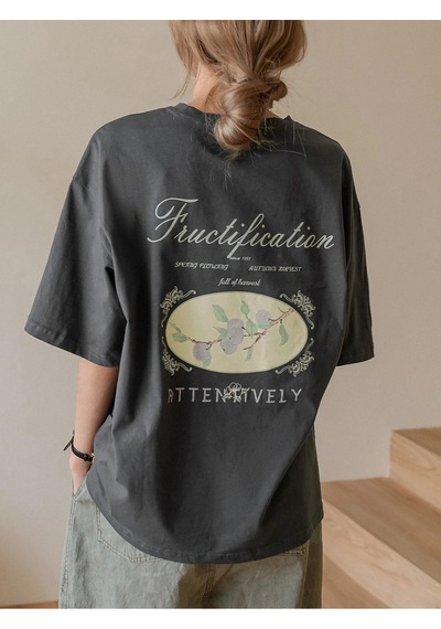 Flood Of Style Kadın Füme Fructification Baskılı Oversize T-shirt Gri